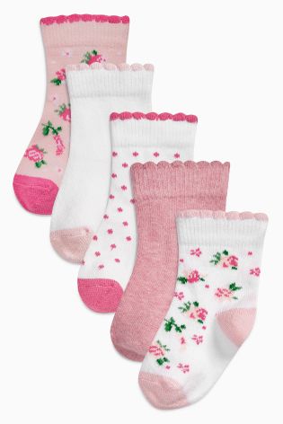 Pink/White Floral Socks Five Pack (Younger Girls)